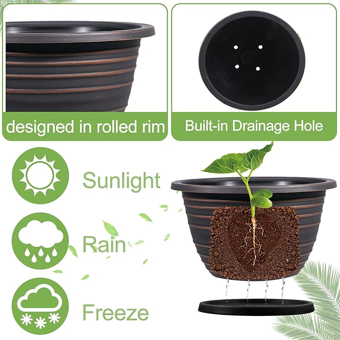 12 Inch Plastic-Flower Pot-for-Indoor Plants, 3 Pack Large planters for Outdoor Plants with Drainage Holes & Saucers, Retro Antique Imitation Decorative Garden Pots Planters