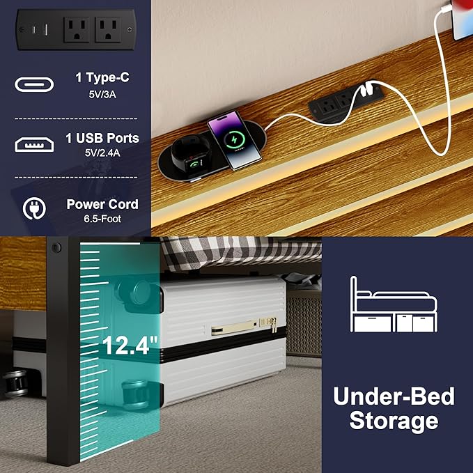 Twin Bed Frame with LED Lights & Charging Station, Metal Platform Bed with Headboard, Heavy Duty Metal Slats, No Box Spring Needed, Noise Free, Easy Assembly, Brown