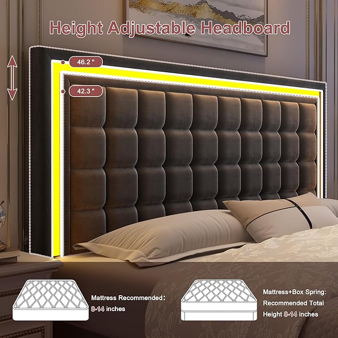 Full Bed Frame with LED Lighting and Storage Drawers, No Box Spring Needed, Supports 900 lbs, Easy Assembly, Quiet and Sturdy Design, Velvet Gray