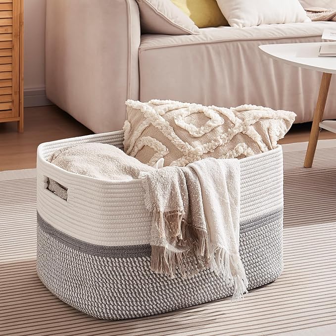 OIAHOMY Extr Large Toy Storage Basket, Rectangle Cotton Rope Storage Basket, Blanket Basket Living Room, Woven Baskets for Organizing, 25 x 16 x 16 Inches-Grey/White