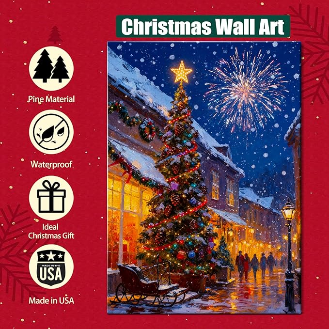 Vintage Christmas Tree and Fireworks Canvas Wall Art - Festive Framed Canvas Prints for Home Office Decor, Rustic Christmas Wall Art Picture, Ideal Christmas Gifts & Festive Decorations