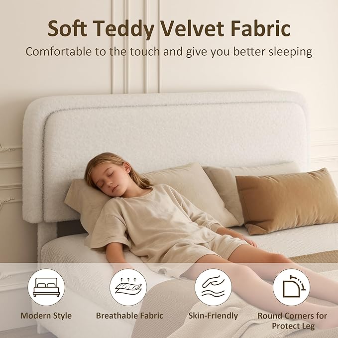 Queen Bed Frame, Teddy Velvet Boucle Bed Frame with 43.3"/45.3" Adjustable Upholstered Headboard, Rounded Corners, Mattress Foundation, No Box Spring Required, White