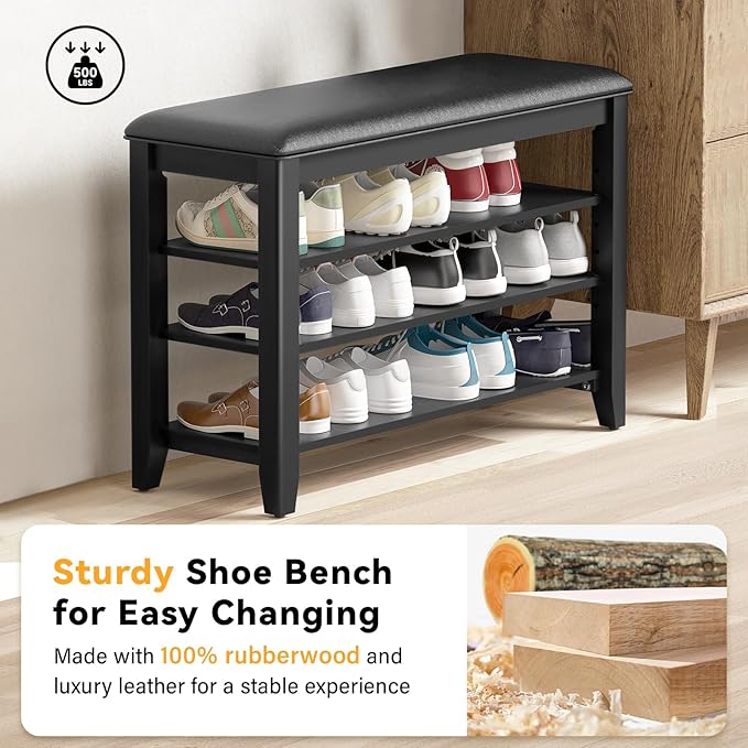 Entryway Shoe Storage Bench with Leather Cushion, Shoe Organizer Bench for Entryway, Ideal for Hallways Front Doors Entrances Mudrooms Featuring Rubberwood And 3 Height-Adjustable & Removable Shelve