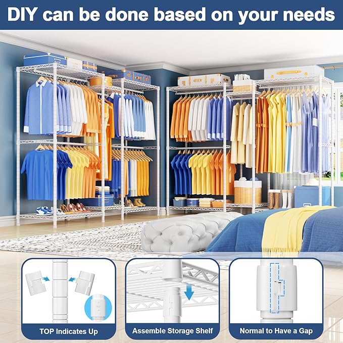 Ulif E12 Clothes Rack，Heavy Duty Freestanding Garment Rack with Shelves，Metal Clothing Closet Storage System for Hanging Clothes，71" W x 16" D x 76.5" H, Hold 960 lbs，White
