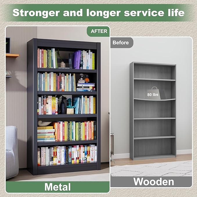 Bookshelf, 5-Tier Bookcase, Modern Bookshelves with Adjustable Shelves, Book Shelf for Home Office, Living Room, Garage, Minimalist Lifestyle & Small Space Living(Black)