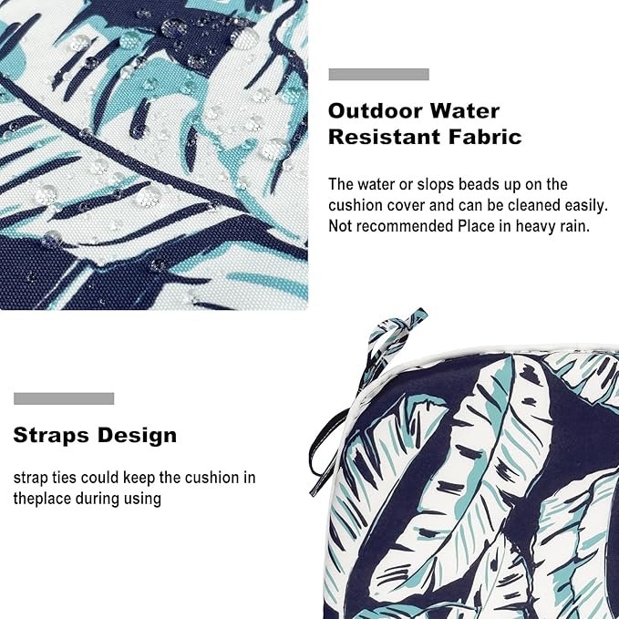 Set of 2 Outdoor Chair Cushions with Ties,Water Repellent Patio Chair Pads 17"x 16" for Outdoor Furniture,Round Corner Seat Cushions for Garden Yard Kitchen Baltic Palms White