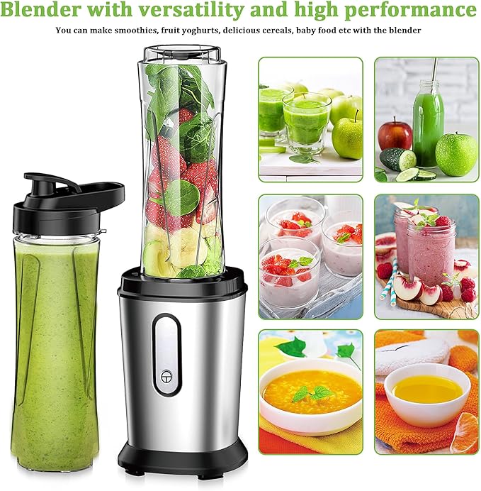 Electric Smoothie Blender, Powerful Small Blender with 2 Portable 20oz Tritan blender Bottles, BPA-Free Personal Blender with 4 Stainless Steel Blades, Mixer Smoothie Maker for Shakes and Smoothies