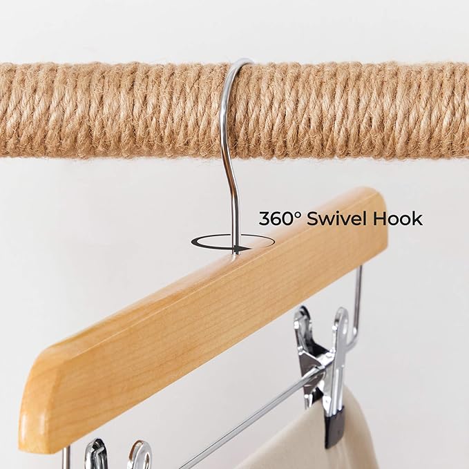 SONGMICS Wooden Pants Hangers 8 Pack, Pants Hangers with Adjustable Anti-Rust Metal Clips, 360° Swivel Hook, Skirt Hangers for Pant, Skirts, Natural Grain UCRW008-8