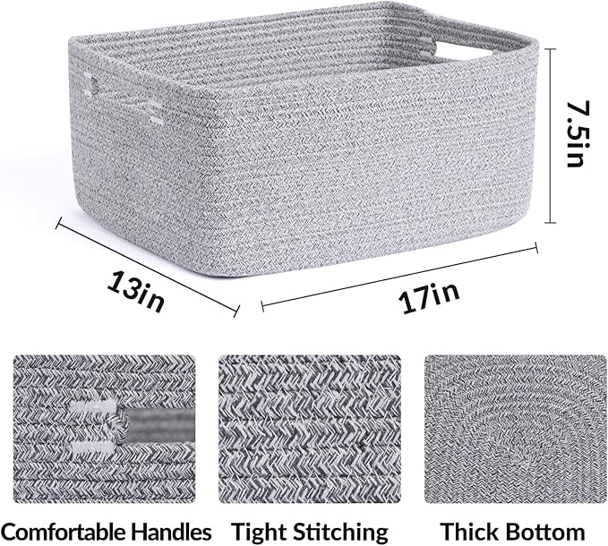Large Storage Baskets for Organizing, Closet Shelf Baskets for Clothes Blanket Towels, Baby Nursery, Toy Bins Box, Woven Rope Baskets, 17 x 13 x 7.5”, 4 Packs Mixed Grey