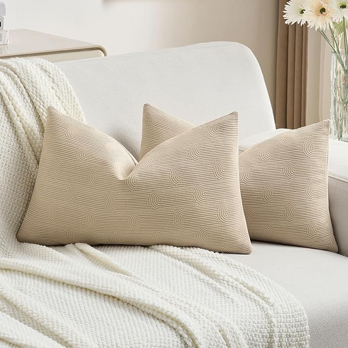 FUTEI Oatmeal Chenille Decorative Throw Pillow Covers 12x20 Inch Set of 2,Soft Cozy Striped Geometric Patterns Lumbar Pillow Cases,Modern Home Decor for Couch Bed Living Room