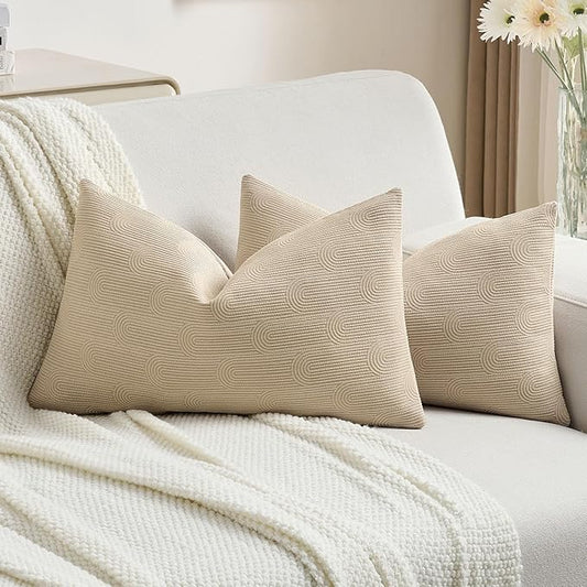 FUTEI Oatmeal Chenille Decorative Throw Pillow Covers 12x20 Inch Set of 2,Soft Cozy Striped Geometric Patterns Lumbar Pillow Cases,Modern Home Decor for Couch Bed Living Room