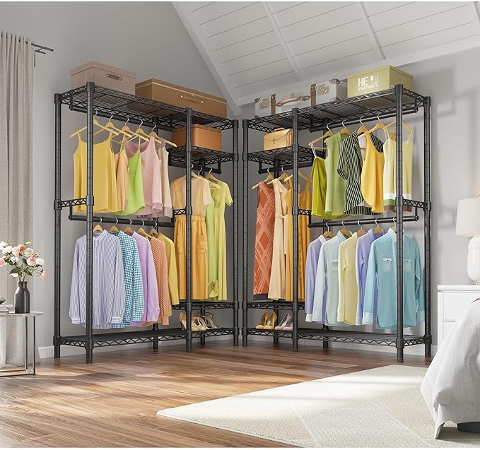 VIPEK V2S Heavy Duty Clothes Rack, Portable Metal Clothing Racks with 4 Tiers Adjustable Wire Shelving & 3 Hanging Rods, Freestanding Wardrobe Portable Closet Rack, Max Load 800LBS, Black