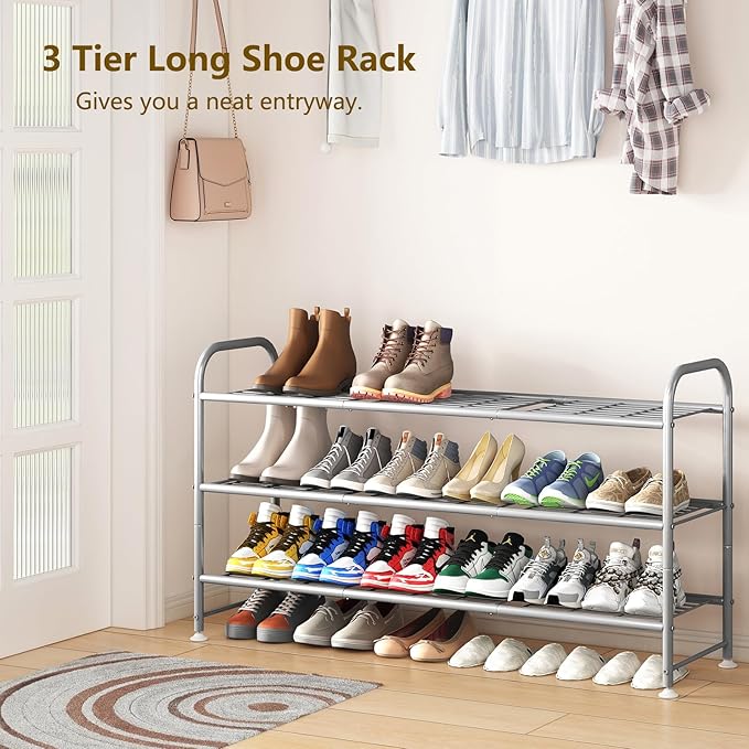 LINZINAR Shoe Rack 3 Tier Long Metal Shoe Organizer for Closet Entryway Grey