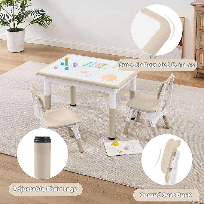 Adjustable Kids Table Chairs Set – Graffiti Desktop, Multi-Activity Height-Adjustable Toddler Study Desk for Ages 3-8 – Ideal for Home, Classroom, Daycare (B-Wood, 2 Chairs-31.5" L x 23.6" W)