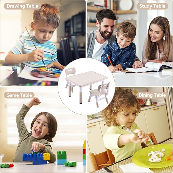 Kids Table and 2 Chairs Set, Height-Adjustable Toddler Table and Chair Set with Graffiti Desktop, 31.5''L x 23.6''W Children Activity Table for Daycare, Classroom, Home