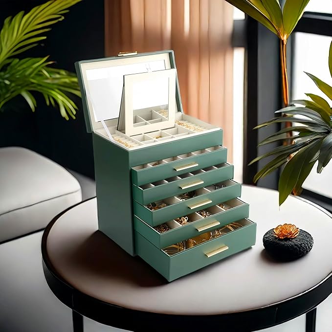 BOOVO Jewelry Box for Women, Green 6 Layer Large Jewelry Organizer with Glass Lid for Necklace, Bracelet, Earrings Storage, Jewelry Organizers and Storage for Girls Gift (Green and Gold, 6 layer)