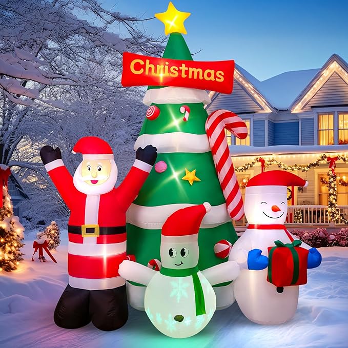 Max Fun 9Ft Christmas Tree Inflatables Decorations with Santa Snowman Built-in LED Lights Blow Up Christmas Tree Outdoor Decoration for Christmas Party Holiday Outdoor Garden Lawn Yard Decor
