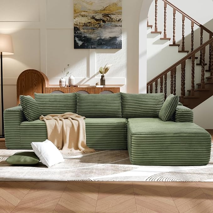 Modern Cloud Modular Sectional Sofa with Chaise, 106" L-Shaped Sofa Couch for Living Room, Deep Seat Plush Boneless Couches, Includes Pillows, Left Chaise, Green