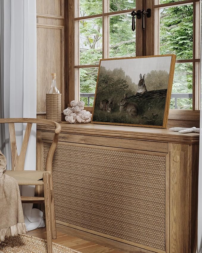 InSimSea Framed Wall Art for Living Room Three Rabbits Vintage Wall Art Easter Bunny Decor Aesthetic Animal Landscape Oil Painting Countryside Farmhouse Wall Decor Colorful for Bedroom Office 12x16in