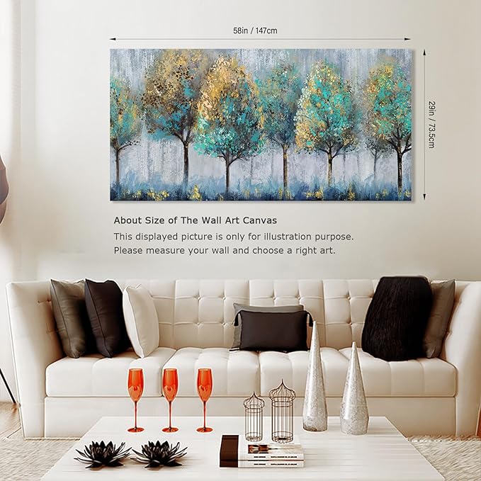 NINEASO Abstract Forest Canvas Wall Art - Teal Yellow Trees Pictures Grey Blue Earthy Wall Decor Modern Botanical Painting Print Artwork for Living Room Bedroom Home Office Decor 29" x 58"