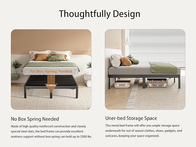 Black King Size Bed Frame 12 Inch, Metal King Bed Frame No Box Spring Needed, DIY Headboard Holes, Heavy Duty Steel Support 3500 LBS, Noiseless, Round Corner Leg, Storage Space, Easy Assembly