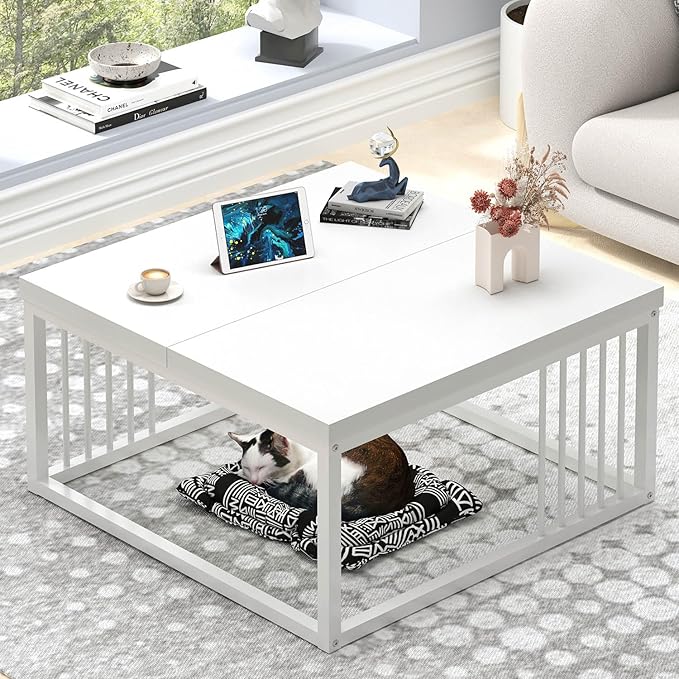 FOLUBAN White Coffee Table, Modern Rustic Wood and Metal Center Table, Industrial Simple Cocktail Tea Table for Living Room, 31.5 Inch