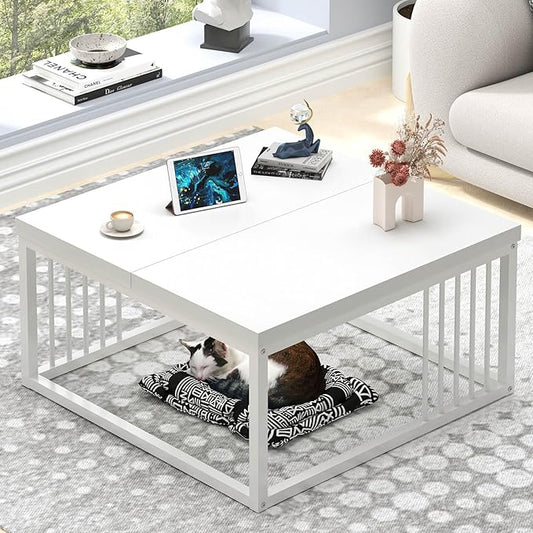 FOLUBAN White Coffee Table, Modern Rustic Wood and Metal Center Table, Industrial Simple Cocktail Tea Table for Living Room, 31.5 Inch