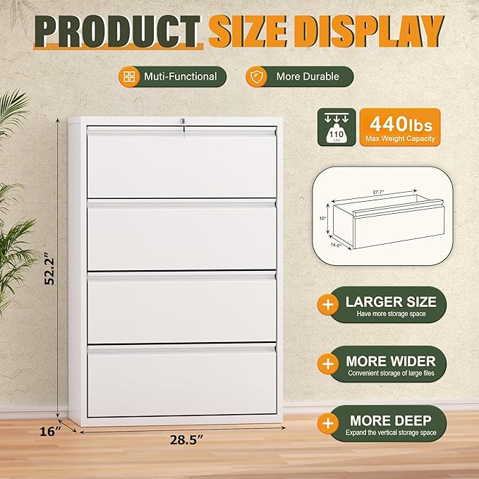 Greenvelly 4 Drawer Lateral File Cabinet with Lock, White Metal Filing Cabinet for Home Office, Locking Metal File Cabinet for Legal/Letter/A4/F4 Size with Hanging Bars&Key