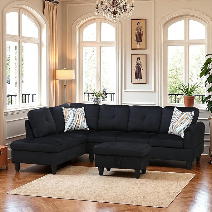 L-Shaped Sectional Sofa with Movable Chaise & Storage Ottoman, Lounge 3-Piece Modular Convertible Couches for Living Room, Apartment & Office, Black