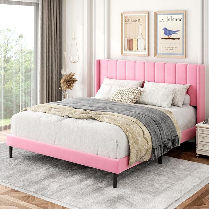 Queen Size Bed Frame with Upholstered Wingback Headboard, Easy Assemnly Platform Bed, Wooden Slat Support No Box Spring Needed, Pink Velvet