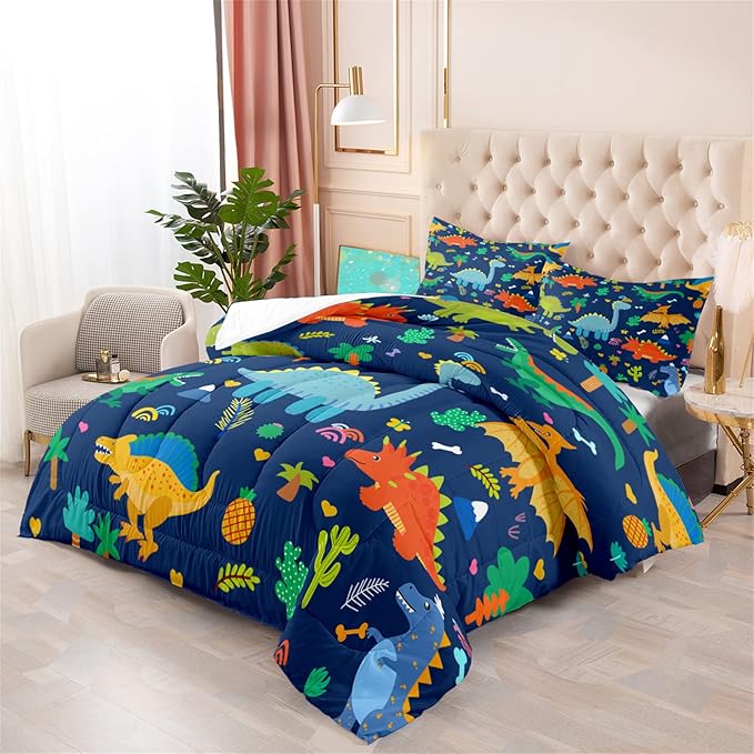 Cute Blue Dinosaur Comforter Set for Kids Teens - Queen Size, Soft Breathable All Season Quilt 3Pcs with 2 Pillowcases
