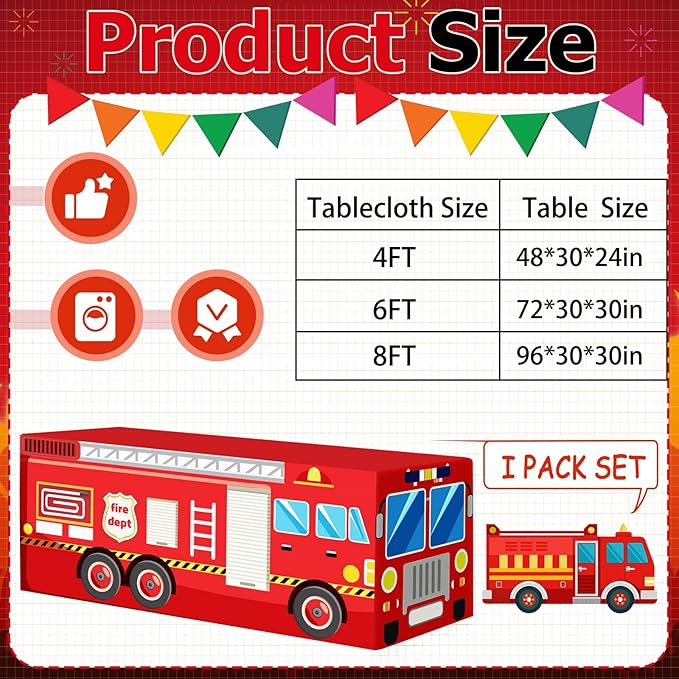 8Ft Fire Truck Birthday Party Tablecloth,Firefighter Birthday Party Decorations,Fire Truck Table Cloth for Kids Boys Firefighter Firetruck Theme Party Decorations Supplies