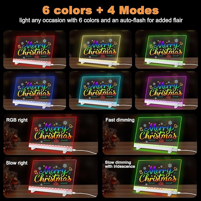 LED Note Board with Colors，LED Drawing Board for Kids, Light Up Acrylic Dry Erase Board with Stand,7 Markers, Rewritable Message Board Creative Fun for Home, Classrooms, Gifts（13.7X 10Inch）