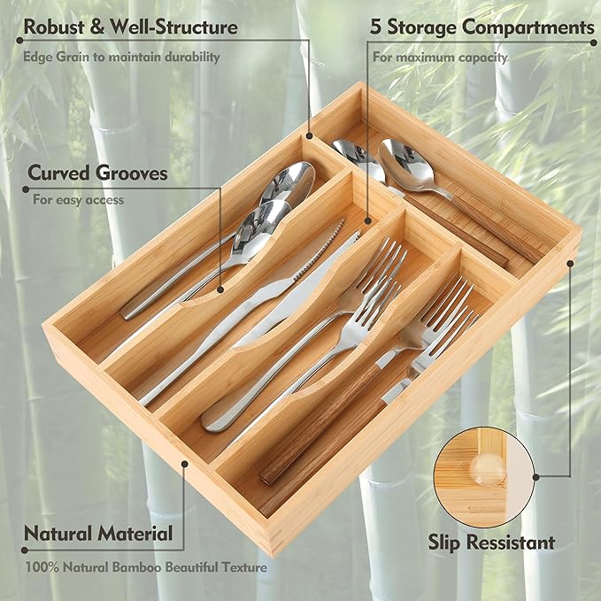 Bamboo Kitchen Drawer Organizer, 8.25 Inch Silverware Utensil Holder for Samll Drawer, Silverware Organizer for Cutlery Knives