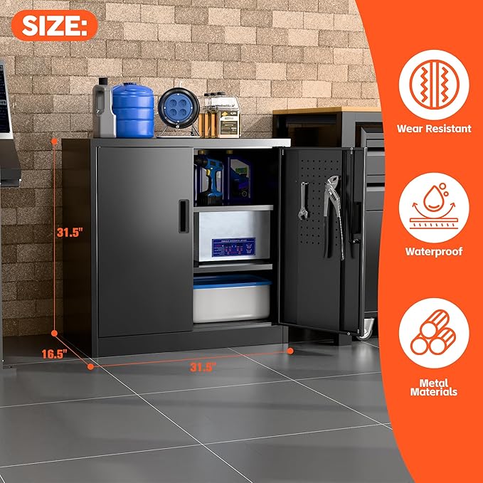 Aobabo 31.5" H Metal Storage Cabinet with 2 Shelves, Steel Lockable Cabinet with 4 Hooks for Home Office Garage, Black, Assembly Required