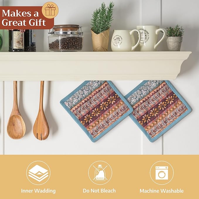 Maison d' Hermine Pot Holders 100% Cotton Heat Resistant Potholders 8" x 8" Hot Pads with Loop for Thanksgiving Christmas Decorations BBQ Cooking Baking Handling Hot Pans (Pack of 1, Fair Isle)