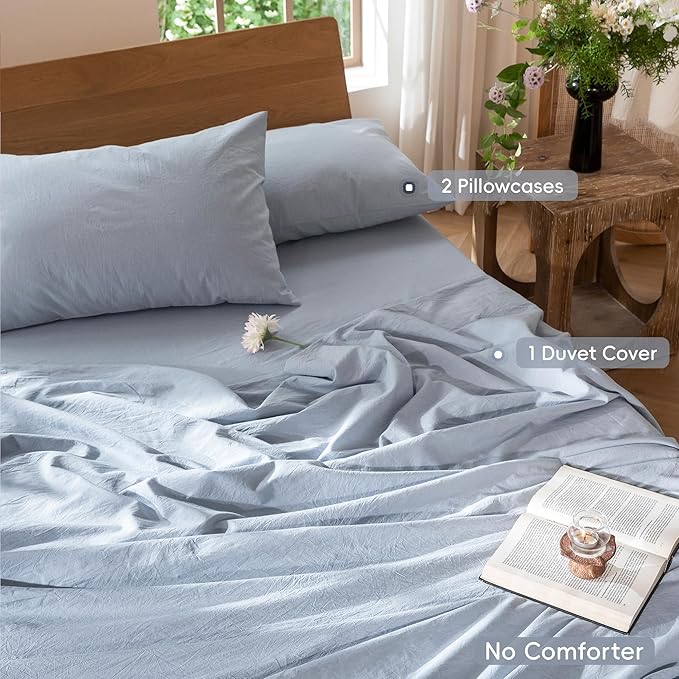 MooMee Bedding Duvet Cover Set 100% Washed Cotton Linen Like Textured Breathable Durable Soft Comfy (Heathered Cornflower Blue, Cal King 104"x98")