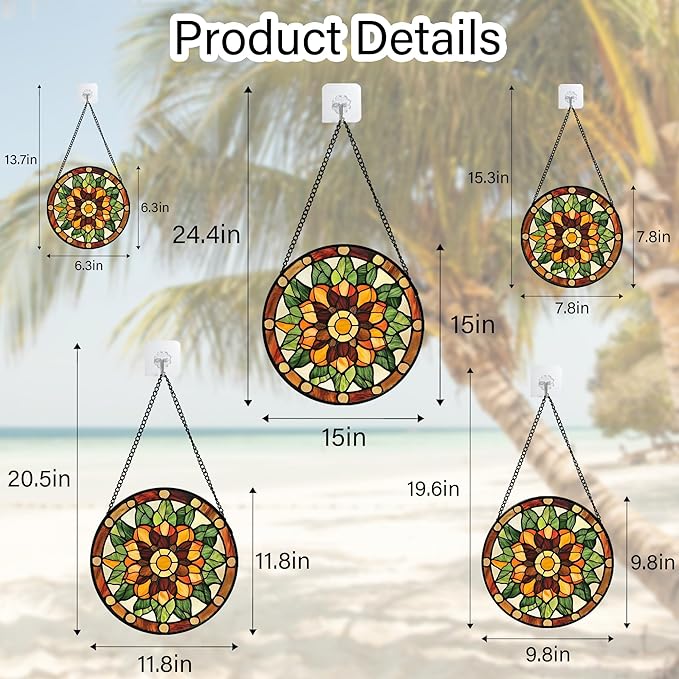 Stained Glass Window Hanging - Yellow Green Boho Style Flowers Sun Catcher for Door Garden Home Decor Suncatcher Christmas Mother's Day Birthday Gifts for Women Mom Girl Nana Friend 9.8 in