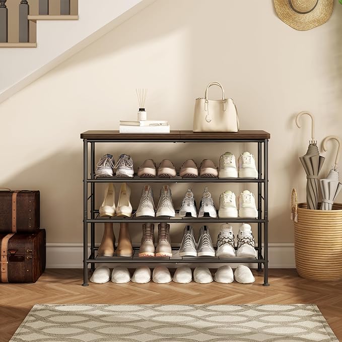 Shoe Rack Organizer 4 Tier for Closet Entryway Free Standing Metal Storage Shoe Shelf with MDF Top Board，Black
