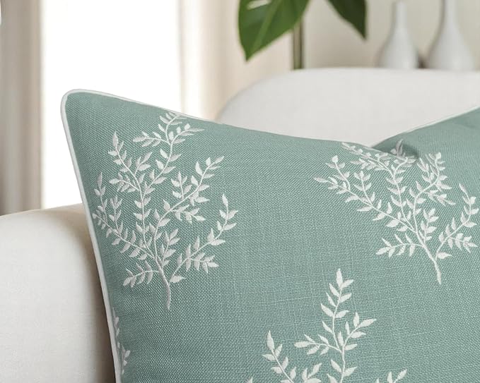 VAGMINE Embroidered Leaves Throw Pillow Cover - 18x18 Inches Square - 100% Cotton Light Teal Decorative Cushion Cover - Elegant Embroidery Pattern - Coastal Home Accent for Sofa, Bed, Living Room