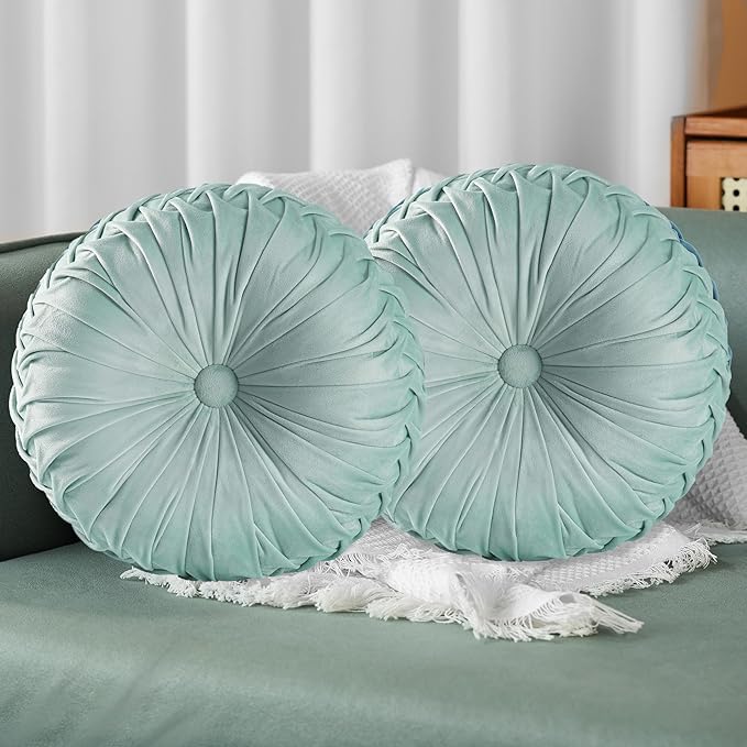 HIG Set of 2 Aqua Ruched Velvet Round Throw Pillows – 14.5’’ Decorative Pillows with Soft Polyester Filling for Couch, Bed, Living Room, Bedroom, or Dorm – Handmade, Stress Relieving, All-Season