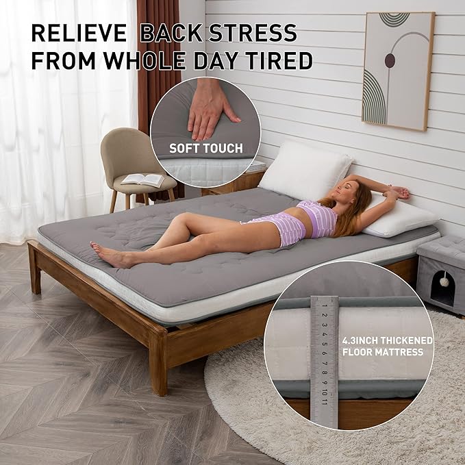 Dr.Futon Japanese Floor Futon Mattress Extra Thick Folding Roll Up Bed Topper Mat for Guest,Lounger and Tavel