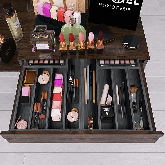 Kitchen Wood Utensil Tray Silverware Drawer Organizer Wooden Cutlery Trays Flatware Organizers Divider 14.6"x9.5" Silverware Tray Spoon Fork Organizer Black Bamboo Cutlery Utensil Holder for Drawer