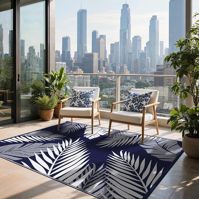 Outdoor Rug 9’x12’ Waterproof for Patio Clearance, Reversible Indoor Outdoor Plastic Straw Camping Rug Carpet, RV Mat, Large Area Rug for Deck, Backyard, Balcony, Porch, Beach, Blue & White