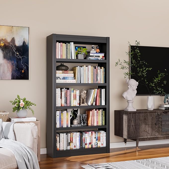 Bookshelf, 5-Tier Bookcase, Modern Bookshelves with Adjustable Shelves, Book Shelf for Home Office, Living Room, Garage, Minimalist Lifestyle & Small Space Living(Black)