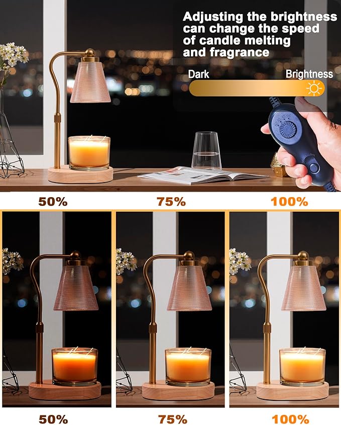Candle Warmer Lamp with Timer, Dimmer, Adjustable Height, 2 Replacement Bulbs, Electric Candle Warmer for Jar Candles, Decorative Candle Lamps (Gold)