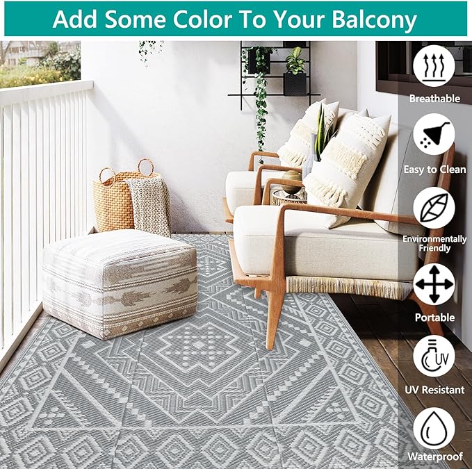 Waterproof Outdoor Rug 4x6 ft, Reversible Plastic Straw Mat, Large Floor Mat for Patio, Camping, Picnic, Backyard RV, Deck, Grey