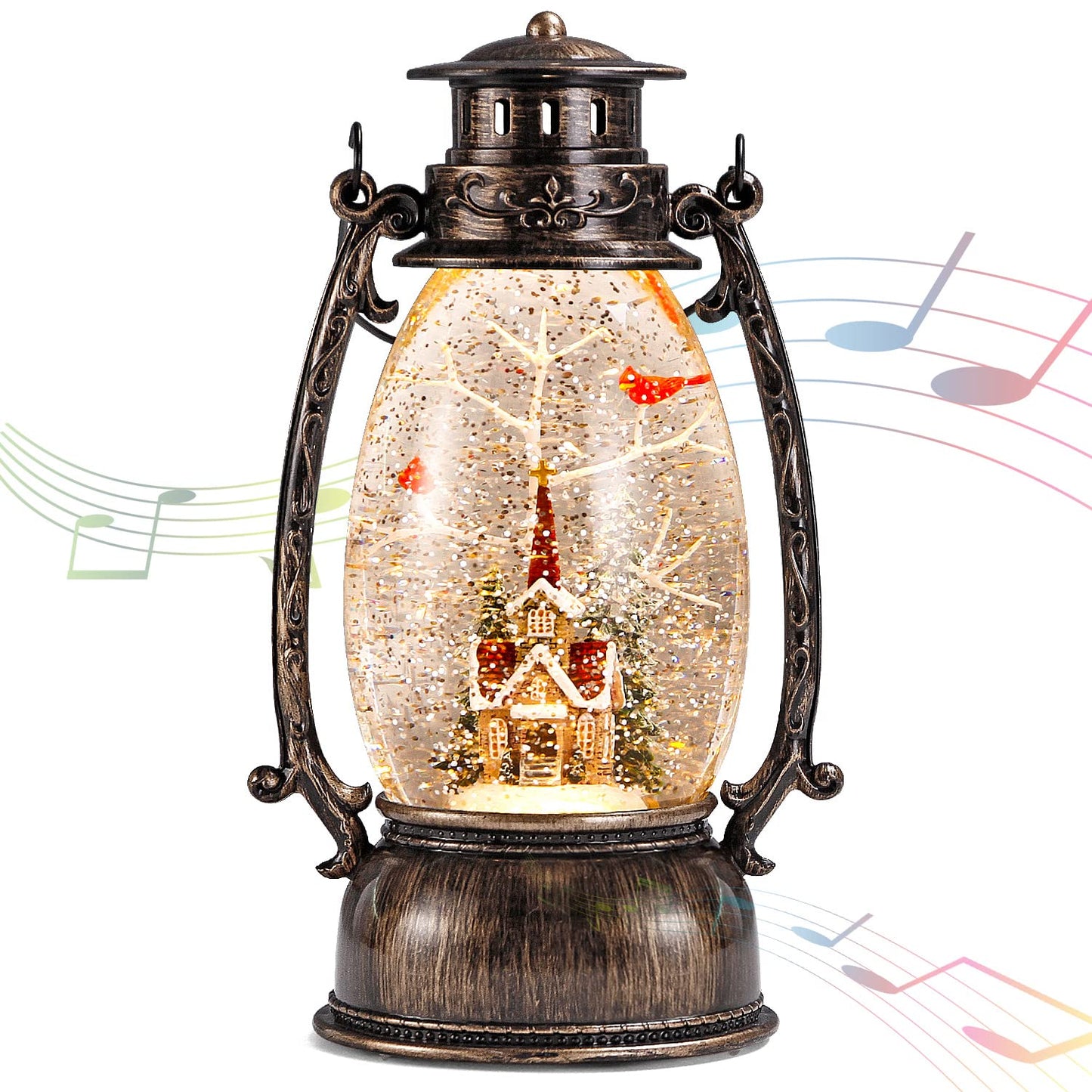 Christmas Snow Globe Lantern, Christmas Village Church Scene Lighted Snow Globes Musical with Swirling Glitter, Battery Powered Christmas Decorations Indoor for Home