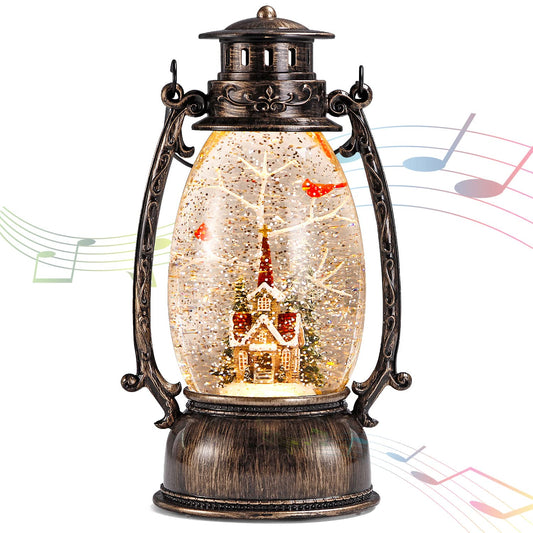 Christmas Snow Globe Lantern, Christmas Village Church Scene Lighted Snow Globes Musical with Swirling Glitter, Battery Powered Christmas Decorations Indoor for Home