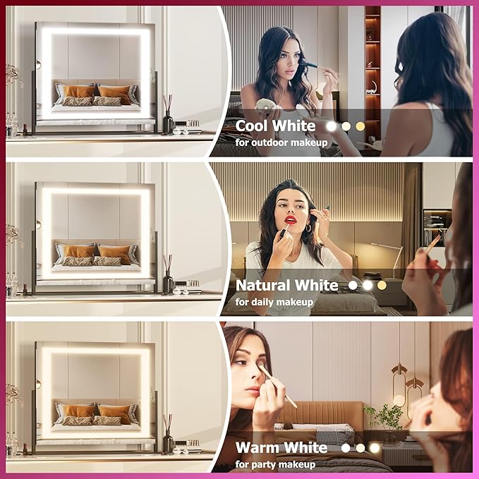 Hasipu Vanity Mirror with Lights, 24.2" x 19.7" LED Makeup Mirror, Light up Mirror with 10X Magnification and USB, Phone Holder, Smart Touch 3 Colors Dimmable, 360° Rotation (Right Angle Black)